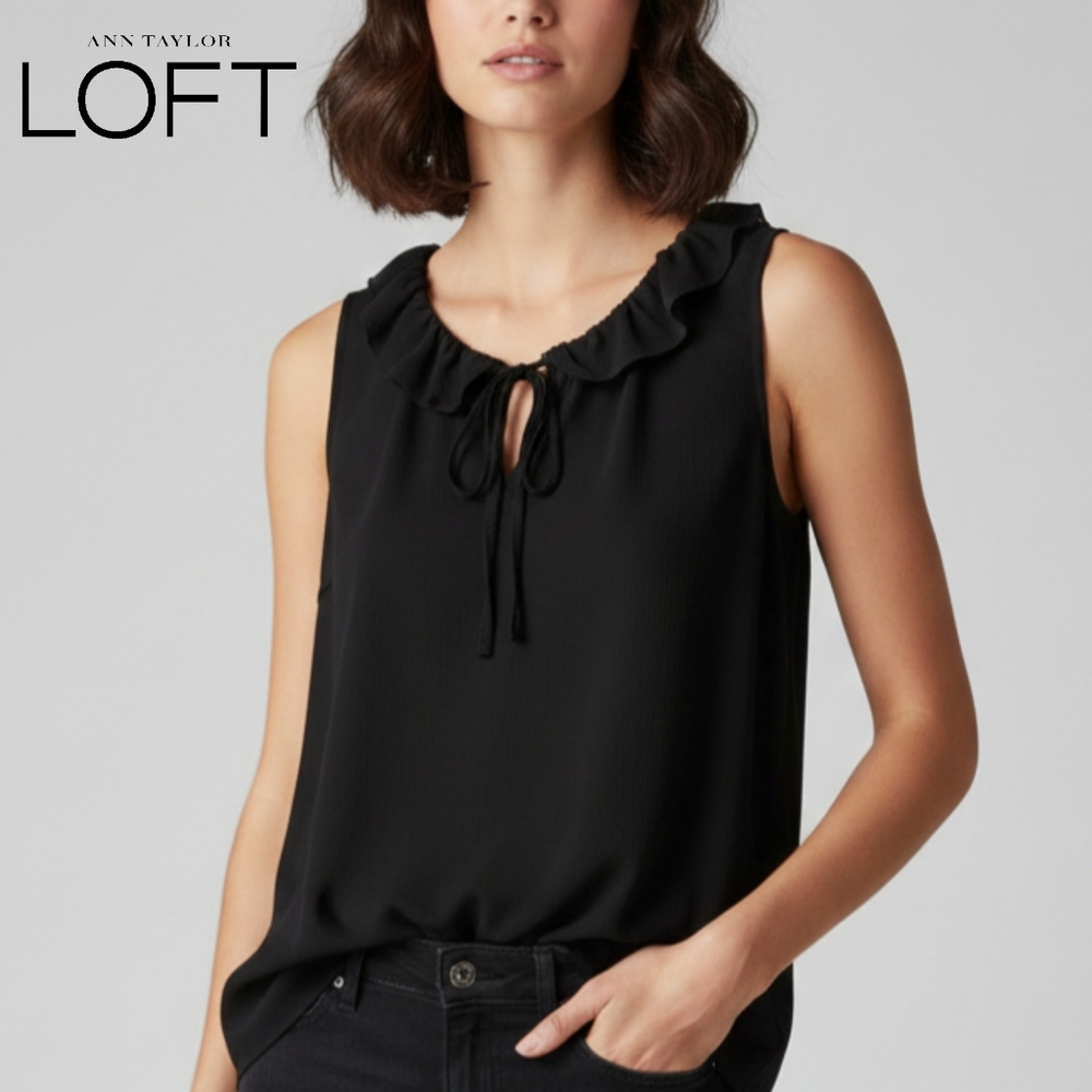 XS Ann Taylor Loft Black Sleeveless Blouse Ruffle Neckline Top